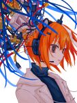  1girl a.i._voice adachi_rei android black_shirt cable circuit_board commentary cyanide_404 drawstring hair_ornament hair_ribbon hairclip headlamp headset highres jacket lens_eye open_clothes open_jacket orange_eyes orange_hair parted_lips radio_antenna ribbon shirt short_hair solo turtleneck upper_body utau white_background white_jacket white_ribbon 