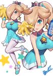  1girl aqua_dress aqua_eyes artist_logo artist_name bare_shoulders blonde_hair bottle breasts brooch cowboy_shot crown dress earrings full_body hair_over_one_eye high_ponytail highres holding holding_bottle jewelry long_hair mario_(series) medium_breasts mini_crown multiple_views pantyhose pink_lips pom_pom_(cheerleading) signature simple_background sleeveless sleeveless_dress sports_drink star_(symbol) star_brooch star_earrings toggy_keiichi white_background white_pantyhose 