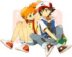  1girl bad_id bad_pixiv_id baseball_cap black_hair brown_eyes denim fingerless_gloves gloves green_eyes hat heart jacket kasumi_(pokemon) mochi730 orange_hair pokemon pokemon_(anime) pokemon_(classic_anime) satoshi_(pokemon) shoes short_hair shorts side_ponytail simple_background sitting sneakers suspenders 