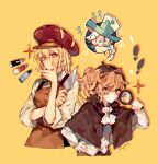  1boy 2girls apron ascot blonde_hair brown_apron brown_capelet brown_eyes brown_hair brown_hat butter_pretzel_cookie capelet cheese closed_eyes cookie_run food food-themed_hat hand_up hat holding holding_map humanization long_hair long_sleeves looking_at_viewer map monocle multiple_girls open_mouth roguefort_cookie sapphire_(nine) shirt side_ponytail sidelocks simple_background smile top_hat very_long_hair walnut_cookie white_ascot white_hat white_shirt yellow_background 