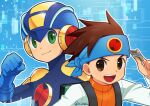  2boys bag bare_shoulders battle_chip blue_background blue_bodysuit blue_headband blue_helmet bodysuit brown_eyes brown_hair clenched_hand emblem glint green_eyes headband helmet highres holding lan_hikari_(mega_man) looking_at_viewer mega_man_(series) mega_man_battle_network_(series) megaman.exe multiple_boys o_deko open_mouth orange_vest school_bag shirt smile spiked_hair teeth upper_body upper_teeth_only vest white_shirt 