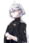  1girl black_jacket black_shirt closed_mouth commentary_request earrings expressionless grey_eyes gundam gundam_suisei_no_majo highres jacket jacket_on_shoulders jewelry long_hair miorine_rembran mitsu_(tendou_itsuki) shirt simple_background solo upper_body white_background white_hair 
