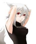  animal_ears armpits blush breasts hair_between_eyes hairdressing inubashiri_momiji mazuka_kei medium_breasts mouth_hold no_hat no_headwear solo touhou white_background wolf_ears 