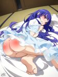  1girl ass bar_censor bare_legs barefoot blue_hair blunt_bangs blush censored clenched_teeth crying crying_with_eyes_open dress foot_out_of_frame furude_rika futon highres higurashi_no_naku_koro_ni indoors long_hair looking_at_viewer no_panties oshinobi_shinobu punishment purple_eyes sad short_sleeves sleepwear solo spanked tatami tears teeth toes 