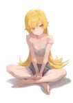  1girl barefoot blonde_hair camisole crop_top crossed_legs flat_chest frilled_camisole frilled_shorts frills highres kissshotmagia long_hair midriff monogatari_(series) navel off_shoulder oshino_shinobu revision shorts simple_background sitting solo strap_slip very_long_hair white_background yellow_eyes 