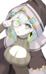  1girl asteria_of_the_white_woods asteria_of_the_white_woods_(cosplay) cleavage_cutout clothing_cutout colored_tips cosplay diabellstar_the_black_witch duel_monster earrings green_eyes green_hair grey_eyes highres hood jewelry long_sleeves monocle multicolored_hair norakuma pale_skin parted_lips ribbed_sweater solo sweater turtleneck turtleneck_sweater yu-gi-oh! 