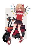  1girl alternate_costume arms_behind_back black_skirt blonde_hair breasts crossed_bangs fang flandre_scarlet full_body hair_between_eyes head_tilt highres honda_motocompo long_sleeves looking_at_viewer medium_hair miniskirt nike_(company) nike_air_force_1 no_headwear one_side_up open_mouth pleated_skirt pointy_ears red_eyes red_footwear red_track_suit shoelaces shoes skirt small_breasts sneakers solo thighhighs touhou touya_(konpekitou) white_thighhighs 