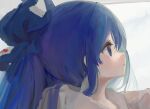  1girl blue_eyes blue_hair from_side hair_tie hood hoodie light_smile looking_up profile riralin shirt solo touhou white_shirt yorigami_shion 