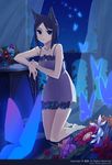  animal_ears bare_legs bare_shoulders barefoot black_hair blue_eyes bug butterfly chemise collarbone curtains flower highres insect kamo_kamen kneeling long_legs looking_at_viewer original parted_lips see-through short_hair solo 