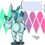 1:1 anthro big_breasts big_butt big_ears blue_body blue_eyes blue_inner_ear blue_nipples blue_sclera breasts butt copypasta crown_(artist) diamond_background digital_media_(artwork) eeveelution english_text female fingers generation_4_pokemon genitals gesture glaceon hand_gesture hi_res looking_at_viewer meme middle_finger nintendo nipples nude pokemon pokemon_(species) profanity rear_view short_stack simple_background solo standing text thick_thighs vaporeon_copypasta