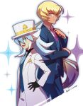  2boys black_gloves blonde_hair blue_hair blue_necktie blue_suit bow collared_shirt gloves hair_between_eyes hand_on_own_hip hat hat_bow highres long_hair multiple_boys necktie ochi_marco purple_necktie shirt suit white_suit yellow_bow yu-gi-oh! yu-gi-oh!_go_rush!! yudias_velgear zuwijo_zir_velgear 