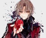  1boy ambiguous_red_liquid black_ribbon black_shirt brown_hair coat food forever_7th_capital fruit hair_ribbon holding holding_food holding_fruit looking_at_viewer parted_lips red_coat ribbon sapphire_(nine) shirt simple_background smile solo upper_body viatin_(forever_7th_capital) white_background 