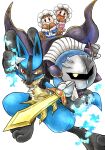  armor brown_gloves brown_hair cape galaxia_(sword) gloves glowing glowing_eye highres holding holding_sword holding_weapon ice_climber kicdon kirby_(series) lucario mask meta_knight nana_(ice_climber) open_mouth pauldrons pokemon pokemon_(creature) popo_(ice_climber) red_eyes shoulder_armor solid_oval_eyes super_smash_bros. sweat sword weapon yellow_eyes 