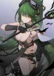  1girl absurdres arknights arm_tattoo asymmetrical_gloves bracelet breasts cape cleavage closed_mouth commentary_request cowboy_shot crocodilian_tail elbow_gloves fingerless_gloves gavial_(arknights) gavial_the_invincible_(arknights) gloves goggles goggles_on_head green_hair green_shorts grey_cape highres holding holding_staff jewelry large_breasts long_hair looking_at_viewer material_growth octagonal_eyewear orange_eyes pointy_ears ponytail pouch shorts smile solo staff tail tattoo torn_cape torn_clothes torn_gloves torn_shorts very_long_hair zaocan_nai_cha 