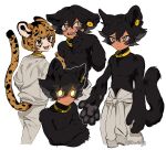  2boys animal_ears animal_hands arm_grab artist_name bags_under_eyes black_fur black_hair body_fur brown_eyes brown_hair cat_boy cat_ears cat_tail cheetah_boy cheetah_ears cheetah_tail claws cowboy_shot deviidog0 ear_piercing english_commentary fangs glowing glowing_eyes hand_up highres holding_own_arm long_sleeves looking_at_viewer male_focus monster_boy mouth_pull multicolored_hair multiple_boys open_mouth original piercing short_hair simple_background tail topless_male twitter_username two-tone_hair white_background yellow_collar yellow_eyes 