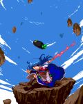  1girl :d black_hat blue_hair blue_skirt blue_sky boots brown_footwear cloud full_body hinanawi_tenshi holding holding_sword holding_weapon kenpfar keystone long_hair looking_at_viewer open_mouth outdoors pixel_art red_eyes skirt sky smile solo sword sword_of_hisou touhou weapon 