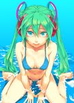  aqua_eyes aqua_hair arm_support barefoot bikini breasts cleavage covered_nipples hatsune_miku headphones light_smile long_hair looking_at_viewer medium_breasts navel partially_submerged sitting solo swimsuit twintails very_long_hair vocaloid wariza water yuuji_(and) 