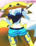 2024 ando anthro bandai_namco belt big_tail black_sclera blue_eyes bottomwear breasts clothed clothing clothing_lift digimon digimon_(species) digital_media_(artwork) dipstick_ears dipstick_tail female fur fur_markings hi_res looking_at_viewer markings multicolored_body multicolored_ears navel neck_tuft portrait renamon shirt shirt_lift shorts signature solo standing tail tail_markings three-quarter_portrait topwear tuft two_tone_body white_body white_fur yellow_body yellow_fur