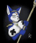 anthro big_breasts black_background black_tape blue_body blue_fur breasts canid canine dark empty empty_eyes female fox fur hi_res krystal_(star_fox) mammal nintendo nokjumjam sad simple_background solo staff star_fox tired white_body white_fur