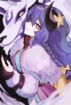  1girl absurdres ahoge black_gloves fingernails fur-trimmed_jacket fur_trim gloves highres horns jacket kindred_(league_of_legends) lamb_(league_of_legends) league_of_legends long_braid looking_at_viewer nail_polish nakiyande partially_fingerless_gloves purple_hair sheep_horns sideways_glance smile wolf_(league_of_legends) 