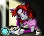 anthro blue_body blue_fur clothed clothing fur hair hi_res male purple_eyes red_hair sad solo tired tired_eyes voramera wade(voramera) writing_text