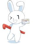 3:4 absurd_res anthro black_nose chibi female female_anthro fur hi_res holding_card holding_object japanese_text lagomorph leporid looking_at_viewer majideyabe87679 mammal my_number_mascot one_eye_closed rabbit simple_eyes simple_face smile solo text translation_request white_body white_ears white_fur wink winking_at_viewer