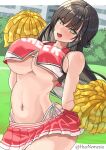  1girl @_@ alternate_costume bare_shoulders blush breasts brown_hair cheerleader clothes_writing commentary_request cowboy_shot crop_top goddess_of_victory:_nikke groin half_updo highleg highleg_panties highres holding holding_pom_poms large_breasts long_hair looking_at_viewer marciana_(nikke) navel navel_piercing neme_hachi open_mouth panties pants piercing pleated_skirt pom_pom_(cheerleading) red_shirt red_skirt shirt side-tie_panties sidelocks skirt sleeveless sleeveless_shirt solo standing stomach twitter_username underboob underwear 