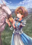  1girl armor belt blue_dress blue_sky brown_hair character_request cloud commentary_request dress green_eyes griffin kira_works mountainous_horizon on_grass open_mouth outdoors short_hair shoulder_armor sky smile standing unicorn_overlord white_dress 