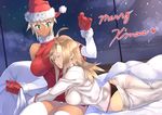  2girls ahoge ahoge_girl_(23) aqua_eyes bare_shoulders black_panties blonde_hair blush breasts brown_hair christmas closed_eyes cloud couple dark-skinned_girl_(23) dark_skin dress elbow_gloves gloves hat head_on_chest highres hug impossible_clothes impossible_dress large_breasts multiple_girls original panties red_gloves sack santa_gloves santa_hat sitting sleeping snow sweat sweatdrop tan thighhighs underwear upskirt white_legwear white_panties wife_and_wife window yuri zettai_ryouiki 