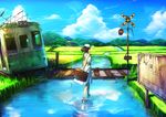  brown_hair cloud day grass ground_vehicle hat highres holding irohara_mitabi landscape original pantograph railroad_crossing railroad_tracks ruins scenery sign sky solo standing standing_on_liquid suitcase train water 