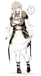  1girl ahoge blush breasts closed_mouth commentary_request cross-laced_clothes dress full_body gradient_hair greyscale highres hijiri_byakuren large_breasts layered_sleeves long_hair monochrome multicolored_hair nekobatake short_sleeves solo speech_bubble standing touhou translated 