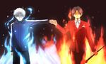  bad_id bad_pixiv_id blue_eyes blue_fire brown_hair facial_hair fate/zero fate_(series) fire fist_bump formal gem goatee highres hood hoodie male_focus matou_kariya multiple_boys ronpa96pepe staff suit toosaka_tokiomi white_hair 