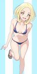  1girl :d alternate_costume asairosora bikini blonde_hair blush breasts collarbone commentary_request eyelashes green_eyes highres leg_up looking_down navel open_mouth pokemon pokemon_xy sandals smile solo swimsuit teeth toes upper_teeth_only viola_(pokemon) 