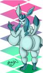 1:1 anthro big_breasts big_butt big_ears blue_body blue_eyes blue_inner_ear blue_nipples blue_sclera breasts butt crown_(artist) diamond_background digital_media_(artwork) eeveelution english_text female fingers generation_4_pokemon genitals gesture glaceon hand_gesture hi_res huge_breasts looking_at_viewer meme middle_finger nintendo nipples nude pokemon pokemon_(species) rear_view short_stack simple_background solo standing text thick_thighs
