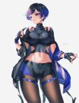  1girl absurdres black_bra black_hair black_jacket black_pantyhose black_shorts blurry blurry_background bodystocking bra cowboy_shot highres jacket looking_to_the_side multicolored_clothes multicolored_hair multicolored_jacket navel pantyhose purple_eyes purple_hair purple_jacket reina_(tekken) short_hair shorts simple_background skin_tight solo tekken tekken_8 twitter_username two-tone_hair underwear white_background zero-go 