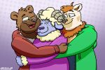 anthro bear bovid brown_body brown_fur caprine clothed clothing digital_media_(artwork) eyes_closed fur group hair happy heart_symbol hi_res hoodie horn hug male mammal neck_tuft one_eye_closed open_mouth orange_hair sheep shirt simple_background slightly_chubby slightly_chubby_male smile sweater tank_top teeth throuple tongue tooundone topwear trio tuft