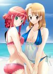  alternate_hairstyle bad_id bad_pixiv_id ball beach beachball bikini blue_bikini blush braid breasts brown_eyes brown_hair cloud day front-tie_top green_eyes holding_beachball holding_hands medium_breasts merii multiple_girls outdoors pink_bikini rebecca_streisand red_hair see-through short_hair side-tie_bikini sky small_breasts swimsuit wild_arms wild_arms_4 wild_arms_5 yulie_ahtreide 