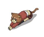  1girl :3 animal_ears black_socks bozo_(nok-peg) brown_eyes brown_hair brown_shorts cat_ears cat_girl cat_tail from_above full_body furry furry_female kemomo_(character) looking_to_the_side original own_hands_together red_sweater shirt short_hair shorts simple_background socks solo stretching sweater tail white_background white_shirt 
