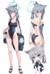  1girl absurdres animal_ear_fluff animal_ears ass back_cutout bag bare_legs black_bag black_footwear black_one-piece_swimsuit blue_archive blue_eyes blue_halo blush breasts chibi cleavage closed_mouth clothing_cutout collarbone commentary competition_swimsuit covered_navel cross_hair_ornament full_body grey_hair groin hair_ornament halo hands_on_own_ass highleg highleg_swimsuit highres legs li_se looking_at_viewer looking_back medium_breasts medium_hair multiple_views one-piece_swimsuit parted_lips sandals shiroko_(blue_archive) shiroko_(swimsuit)_(blue_archive) shoulder_bag sidelocks standing strap_slip swimsuit thighs twintails white_background wolf_ears zipper 