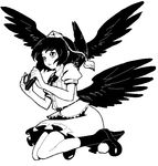  bird camera crow expressionless greyscale hat looking_away looking_up monochrome open_mouth shameimaru_aya shiba_itsuki short_hair simple_background sketch skirt solo tokin_hat touhou white_background wings 