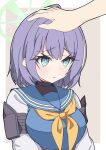  1girl :&lt; ahoge armor blue_archive blue_eyes blue_sailor_collar blush border breasts brown_background closed_mouth green_halo halo headpat neckerchief out_of_frame outside_border purple_hair sailor_collar saki_(blue_archive) short_hair shoulder_armor sumidon underbust upper_body white_border yellow_neckerchief 