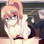  1girl bent_over blush bra bra_peek breasts brown_hair chalk chalkboard cleavage collarbone downblouse english glasses hair_intakes lace lace-trimmed_bra large_breasts looking_at_viewer miniskirt missnips original pencil_skirt ponytail red_bra ruler school silver_hair skirt teacher thigh_gap thighs underwear 