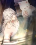  1boy bath cat closed_mouth grey_hair hair_over_one_eye highres honkai:_star_rail honkai_(series) jiman jing_yuan long_hair male_focus nude smile solo water white_fur yellow_eyes 