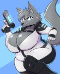 2024 5_fingers anaugi anthro big_breasts blue_eyes bodysuit breasts canid canine canis cleavage clothed clothing facial_tuft female fingers fur grey_body grey_fur gun handgun hi_res holding_gun holding_object holding_ranged_weapon holding_weapon huge_breasts inner_ear_fluff looking_at_viewer mammal overweight overweight_female raised_leg ranged_weapon simple_background skinsuit skye_(hotbeveragedog) solo tail tight_clothing tuft weapon wolf