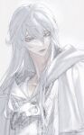  1boy blue_eyes closed_mouth head_tilt highres long_hair looking_at_viewer male_focus mask mask_around_neck simple_background solo sophist&#039;s_robe_(ff14) themis_(ff14) tladpwl03 upper_body white_background white_hair white_theme 