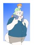 2024 3:4 anthro belly big_belly bottomwear canid canine canis carrying_another clothing domestic_dog duo hi_res humanoid_hands inunoshippo kemono male mammal overweight overweight_male pants piggyback shirt shorts simple_background topwear walking