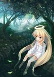  angel angelia_avallone arcana_heart bad_id bad_pixiv_id barefoot blonde_hair blush dress_shirt fang forest halo highres leaf long_hair nature open_mouth re:n_ne red_eyes shirt sitting slit_pupils smile soaking_feet solo stream tree very_long_hair water 