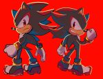  1boy black_footwear black_fur clenched_hand clenched_teeth furry furry_male highres mimiipyon multicolored_footwear multiple_views red_background red_eyes red_footwear red_fur shadow_the_hedgehog shoes simple_background sonic_(series) tail teeth two-tone_fur white_footwear 