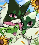  animal_focus blue_sky closed_eyes closed_mouth evolutionary_line floragato flower green_fur highres holding holding_pokemon meeka meowscarada no_humans one_eye_closed open_mouth outdoors pawpads pokemon pokemon_(creature) red_eyes sky sprigatito sunflower 