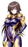  1girl absurdres armored_bodysuit black_bodysuit bodysuit brown_hair commentary_request covered_nipples cyborg-institute fortified_suit hand_on_own_hip headgear highres long_hair looking_at_viewer multicolored_bodysuit multicolored_clothes muv-luv muv-luv_alternative muv-luv_total_eclipse pilot_suit purple_bodysuit purple_eyes skin_tight smile solo standing takamura_yui white_background yellow_bodysuit 